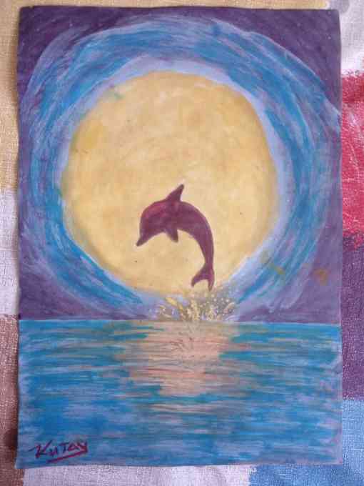 Fantastic Dolphin Scene 15 x 20 cm (Paper) Professional Acrylic painting