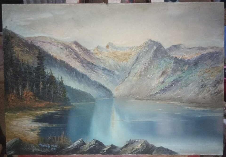Lake and Mountain Nature Oil Painting Table