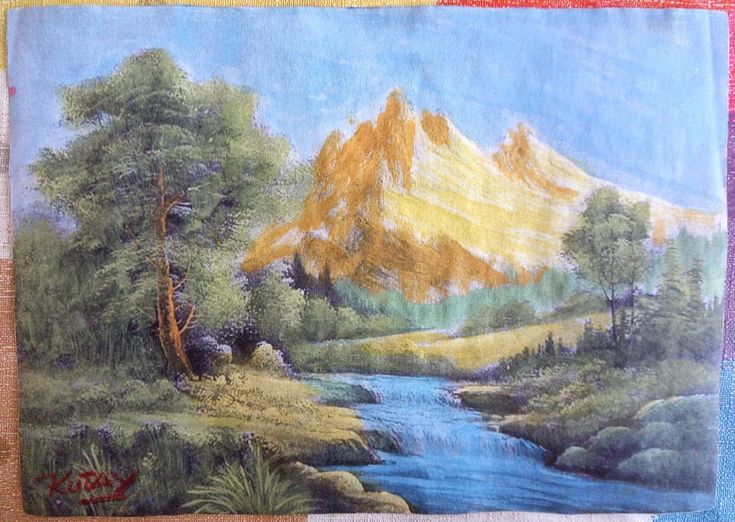 Yellow Mountain River Scene, Professional Acrylic Painting (on Paper)