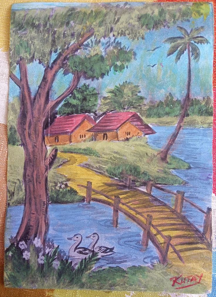 Bridge On The River Nature Scene, Professional Acrylic Painting (on Paper)