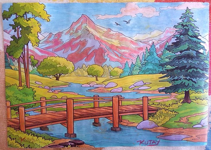 Near The Mountain River Scene, Professional Acrylic painting (on Paper – 15 x 20 cm)