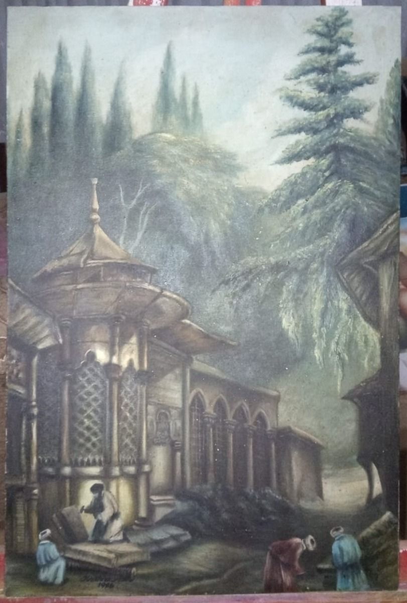 Historical Building in front of Nature Oil Painting Table